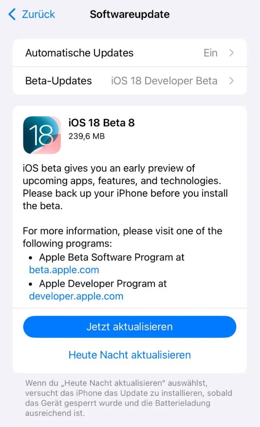 安岳苹果手机维修分享苹果 iOS / iPadOS 18 开发者预览版 Beta 8 发布 